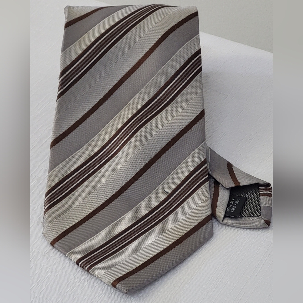 Beige, brown and gray striped silk IZAC 4 men tie/ pre-owned